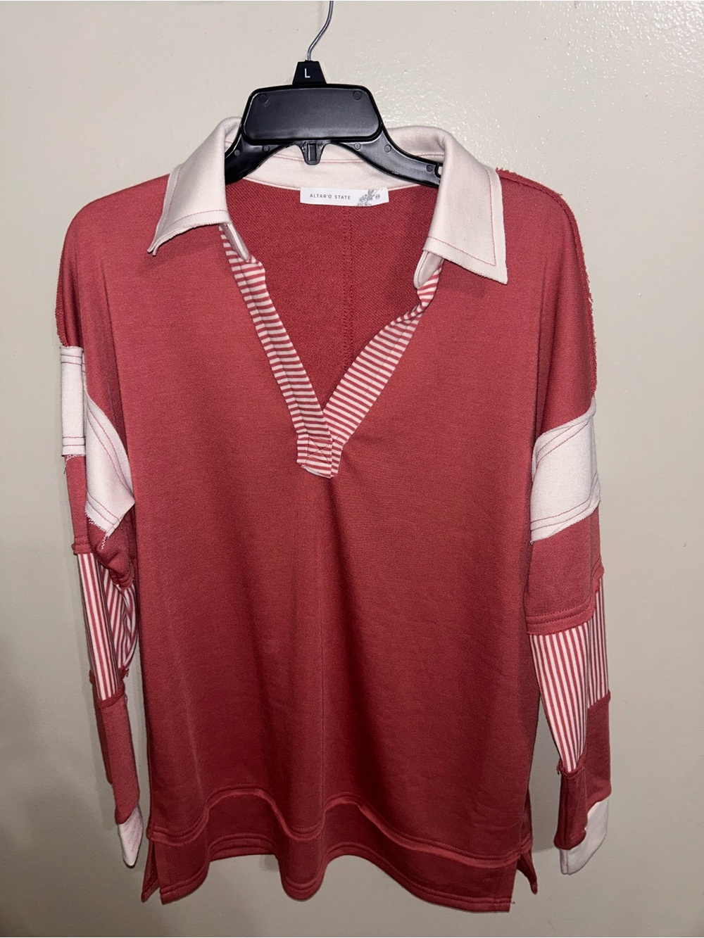 NWT Altar'd State Blake Terracotta Collard Striped Patchwork Polo Pullover XS